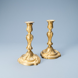 A pair of gilded bronze candlesticks, France, 18th C.