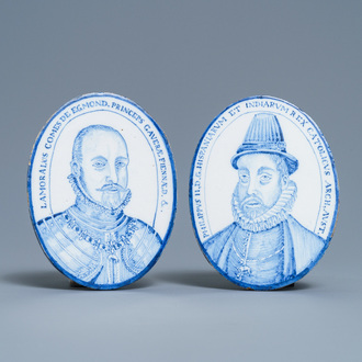 A pair of Dutch Delft style blue and white oval portrait plaques, Utrecht, ca. 1800