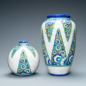 Two Boch Keramis Art Deco vases with crackled glazes, 1st half 20th C.