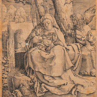 Naar Lucas van Leyden (1494 - 1533), ets op papier, 16e eeuw: Madonna met Kind en twee engelen