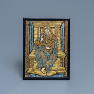 An embroidered textile fragment depicting Christ on the throne holding a chalice, Italy, 16th C.