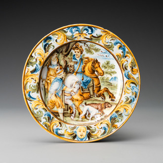 A polychrome 'hunting scene' plate after Antonio Tempesta, Grue workshop, Castelli, Italy, 18th C.