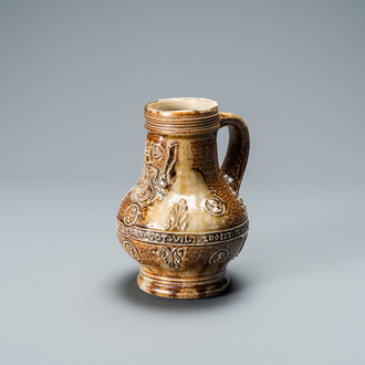 A German stoneware bellarmine jug with a text band and portrait medallions, Frechen, 16th C.