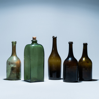 Five green glass bottles, 17/18th C.