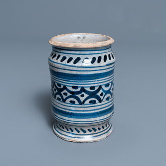 A blue and white maiolica albarello, Northern Netherlands, early 17th C.