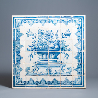 A blue and white Portuguese tile mural depicting an urn filled with flowers and fruits, 18th C.