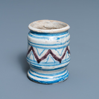 A small blue, white and manganese maiolica albarello, Antwerp or Northern Netherlands, 16/17th C.