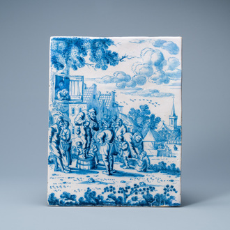 An unusual Dutch Delft blue and white plaque with a village scene, 2nd half 17th C.