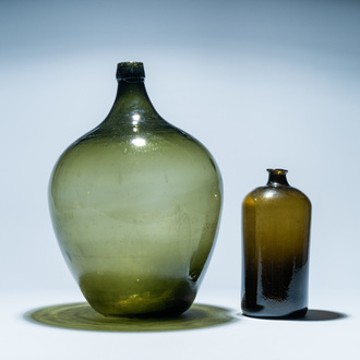Two large green glass bottles, 18th C.