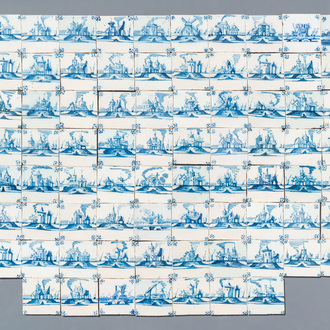 Seventy‑seven blue and white Dutch Delft 'landscape' tiles, late 18th C.