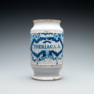 A blue and white Brussels faience albarello type drug jar, 18th C.