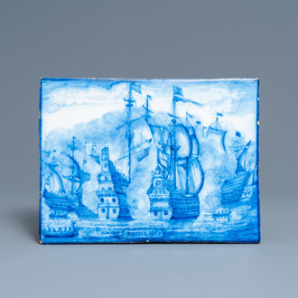 A Dutch blue and white Delft-style plaque depicting the naval Battle of the Downs, ca. 1800