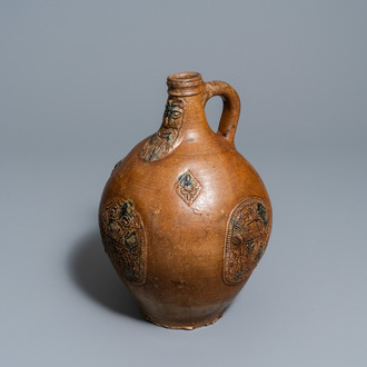 A German cobalt-splashed stoneware bellarmine jug, Frechen, 17th C.