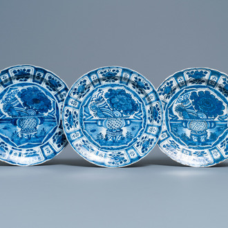 Three Dutch Delft blue and white Wanli-style chinoiserie dishes, 1st quarter 18th C.