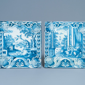 Two blue and white German stove tiles with biblical scenes, Nuremberg, 18th C.