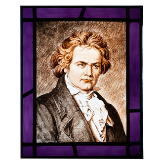 Alfred Labille and Pierre Bertrand (Lille, active 1902-1930): A painted glass panel with a portrait of Ludwig van Beethoven