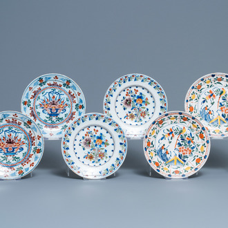 Three pairs of polychrome Dutch Delft plates, 18th C.