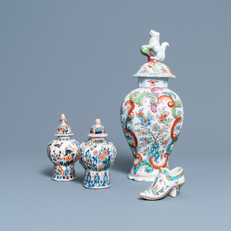 A polychrome petit feu and gilded Dutch Delft covered vase, a shoe and a pair of cashmere palette covered vases, 18/19th C.