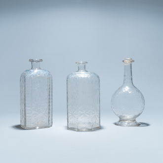 Three weel-cut glass bottles, probably Liege, 18/19th C.