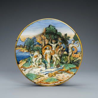 An Italian maiolica mythological subject 'The transformation of the Maenads' dish from the Lanciarini service, Urbino, 16th C.