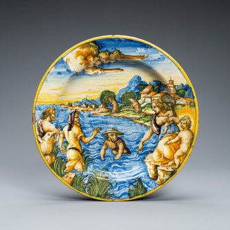 An Italian maiolica mythological subject 'Latona and the Frogs' dish, Urbino, 16th C.