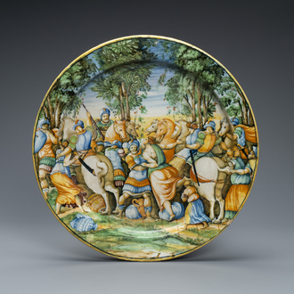 A large Italian maiolica mythological subject 'The Abduction of the Sabine Women' dish, Orazio Fontana workshop, Urbino, mid 16th C.