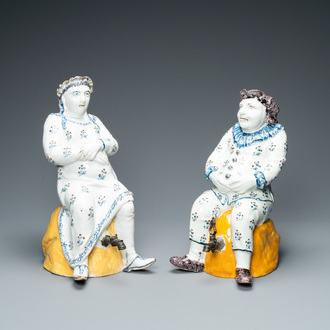 A pair of polychrome Brussels faience 'Jacqueline and Jacquot' table fountains, 18th C.