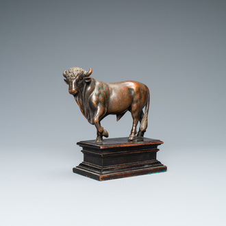 Attributed to Barthélémy Prieur (France, circa 1536-1611): a bronze model of a bull with traces of red lacquer