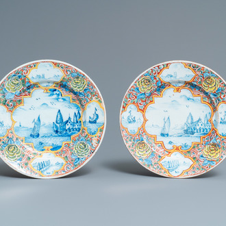 A pair of fine mixed technique Dutch Delft 'seaview' plates, 18th C.