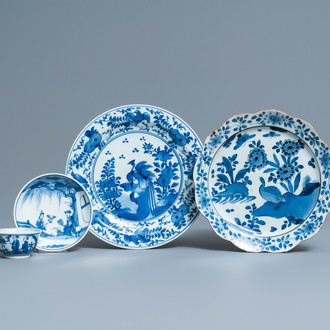 Two Japanese blue and white Arita plates and a cup and saucer, Edo, 17/18th C.