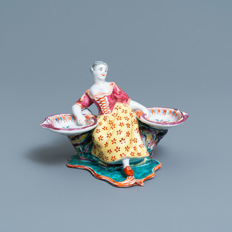 A Dutch Delft polychrome petit feu figural salt cellar, 18th C.