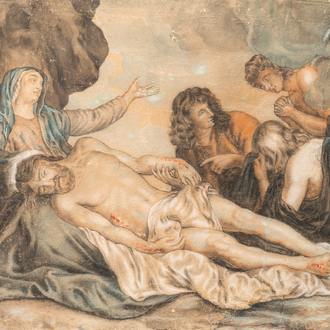 Flemish school, follower of Anthony van Dyck (1599-1641), mixed technique on paper, 17th C.: Lamentation over the Dead Christ
