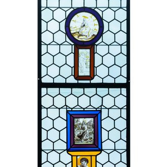 A composite stained and painted glass window mounted in lead alloy, France, 16th C.