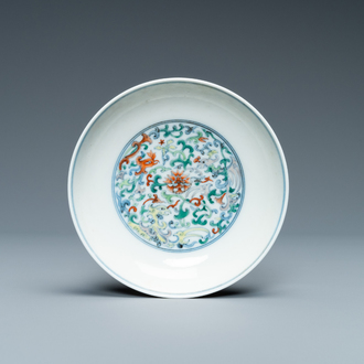 A Chinese doucai 'phoenix' saucer dish, Yongzheng mark and of the period
