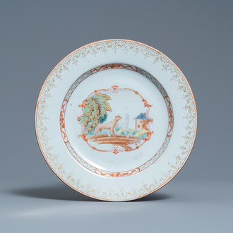 A Chinese famille rose plate with the fable of the Wolf and the Dog after de la Fontaine, Qianlong