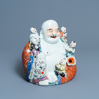 A Chinese famille rose figure of Buddha, seal mark, 19/20th C.