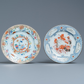 A Chinese famille rose 'antiquities' plate and one with a scroll, Yongzheng