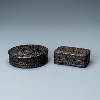 Two Chinese Canton tortoise veneer covered boxes, 19th C.