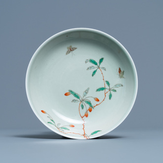 A Chinese famille verte celadon-glazed plate, Wanli mark, Kangxi/Yongzheng