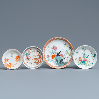 Four Chinese famille rose and iron-red plates, Guangxu and Qianlong marks, 19/20th C.
