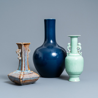 Two Chinese monochrome vases and one flambé-glazed vase, 19/20th C.