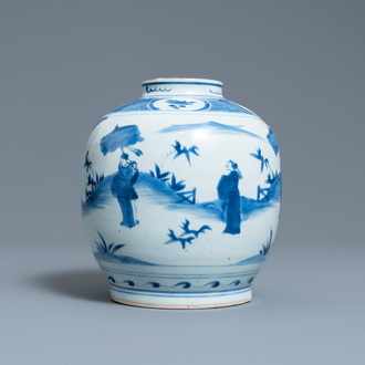A Chinese blue and white jar with figures in a landscape, hare mark, Wanli
