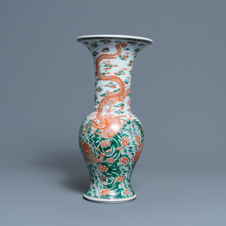 A Chinese famille verte 'yenyen' vase with a dragon and carps, Kangxi mark, 19th C.