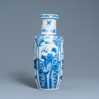 A Chinese blue and white rouleau vase, Kangxi mark, 19th C.