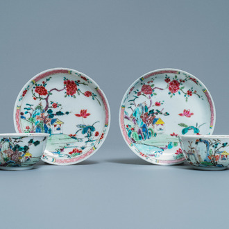 A pair of Chinese famille rose cups and saucers with landscape design, Yongzheng