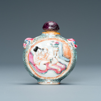 A Chinese famille rose 'erotical subject' snuff bottle, Qianlong mark, 19th C.