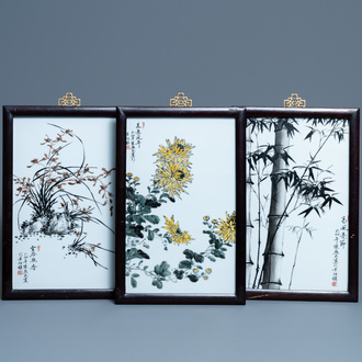 Three Chinese plaques with floral design, 20th C.