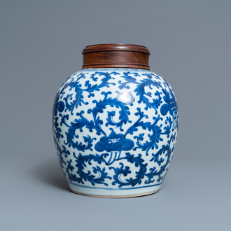 A Chinese blue and white jar with floral design, Kangxi