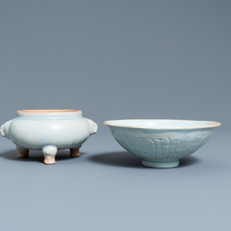 A Chinese junyao tripod censer and a qingbai 'lotus' bowl, Song