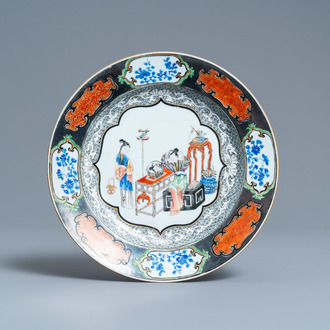 A Chinese famille rose pseudo-silver bordered plate, Yongzheng